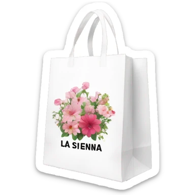 White shopping bag with La Sienna written on the side in text with picture of flower and inside bag has floral pink clothes in it  sticker