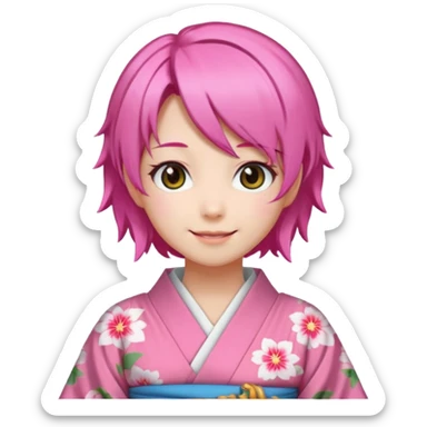 anime girl pink hair smiling , in kimono sticker