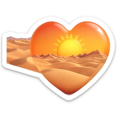 Add a realistic sun inside the glass heart, above the desert sand dunes, keep the glass look and no vegetation, 3D emoji style, with no background sticker