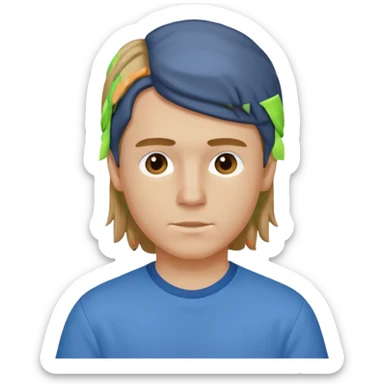 boy with dark blonde hair in a mullet with a neat blue shirt sticker