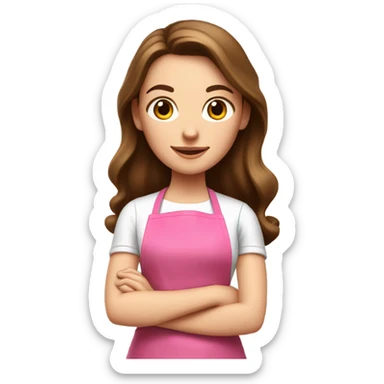 a white girl with long brown hair cooking in a pink apron sticker