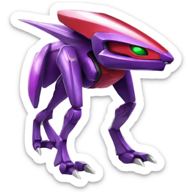 a shiny purple-green-red Genesect-Raptor-Fakémon—hybrid with a futuristic visor-helmet full body sticker