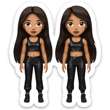 Aaliyah with long dark brown hair, black sequin crop top, black sequin pants sticker