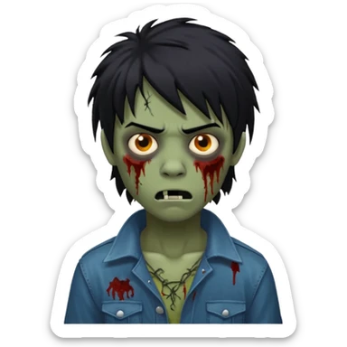 Boy, zombie, black hair, medium long, mullet, emo, shaggy, dark, spooky, black background, creepy expression emoji  sticker