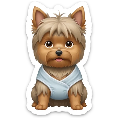 Small old yorkie wearing a diaper sticker