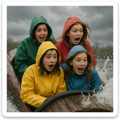 teen girls riding a log flume, bundled up in raincoats, cold and rainy weather, water splashing, expressions of surprise and excitement, overcast sky sticker
