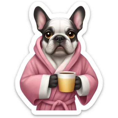 A French bulldog in a bathrobe drinks coffee sticker