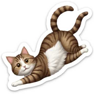 dark brown tabby and white cat with doing a big extremely long stretch reaching up into the air with arms and legs side by side together straight and overextended whilst lying on its side sticker