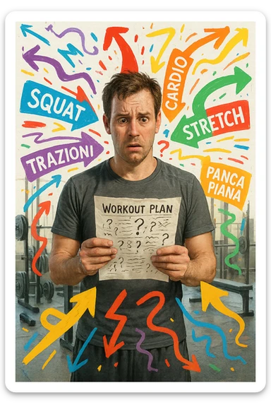 a person stands in the center of a gym, surrounded by arrows pointing in all directions, each labeled with a different exercise (e.g., “squat,” “Salti,” “stretch,” “Panca Piana”). The person looks bewildered, holding a workout plan with scribbles and question marks. The scene is colorful but visually messy, symbolizing confusion. in italiano immagine iperrealistica sticker