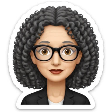 femme 60 ans cheveux gris foncé très bouclé longs et yeux marrons foncé,  lunettes rectangle noir sticker