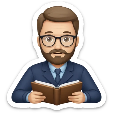 bearded man with glasses studying sticker