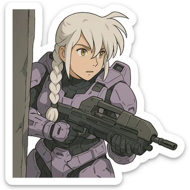 female, wearing reach spartan armor default, long white braid hair with massive messy front side single bangs, gold yellow eyes, attention pose, HALO:series, no helmet, the armor is lavender color scheme, shoulder pad off. DDD bust size fitting. Punk gothic cyberpunk, peeking around a corner while aiming a classic HALO1 AR, tactical, lean sticker
