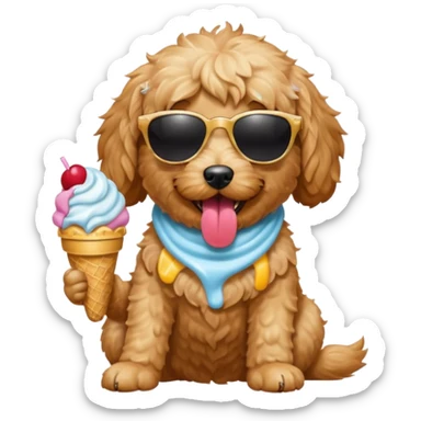 Create a mini golden doodle dog  wearing sunglasses and with its tongue out eating icecream sticker