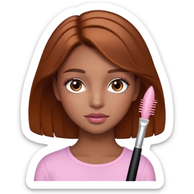 Pretty girl with caramel skin brown hair brown eyes and freckles. Wearing light pink lipgloss and mascara  sticker