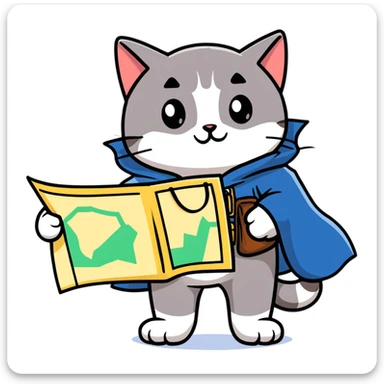 Explorer cat with map in paws, mountains and starry sky behind, wearing explorer outfit and cloak blowing in wind, gazing at horizon sticker