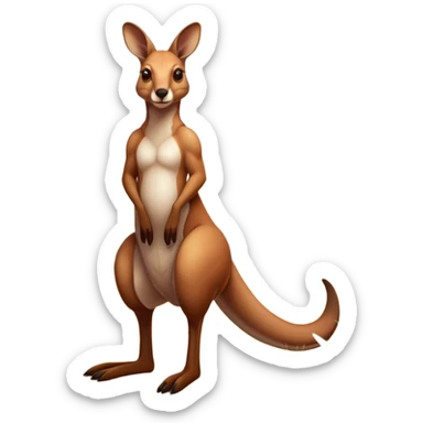 Cinematic-realistic Australian kangaroo, standing tall with powerful hind legs and a muscular tail for balance. Its reddish-brown fur glows under the golden sunlight, ears perked and eyes alert. The rugged outback stretches behind it, with dry grass and scattered eucalyptus trees completing the iconic scene. sticker