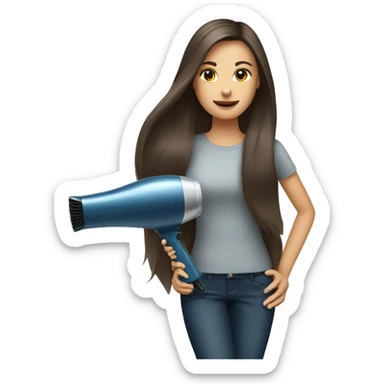 Pretty long brunette hair girl with a hair dryer  sticker