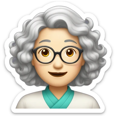Chinese senior lady with wavy long hair wear  glasses show thank you signs sticker