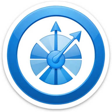 round analytics dashboard icon, blue radial chart, 92% in center, two small arrows, glossy polished minimal design sticker