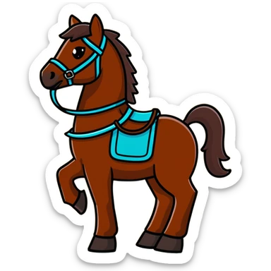 Dark chestnut horse with turquoise western tack full body standing still sticker