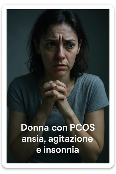vertical realistic cinematic image of a woman with PCOS showing signs of anxiety, agitation, and insomnia. Tense look, nervous posture, eyes marked by tiredness, clinical dramatic lighting, Italian captions, aspect ratio 2:3 sticker
