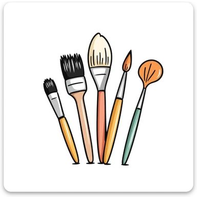 A set of artist paintbrushes in different sizes and shapes with wooden handles in pastel colors (dd9fb0, ffc6d3, a3bfc9, c4bee2, f1b091), hand-drawn doodle style sticker