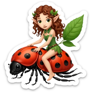 tiny forest elf long curly brown hair tattoos riding ladybug sticker