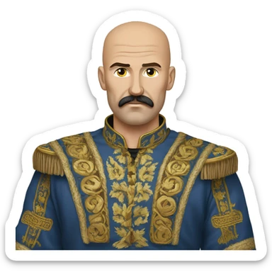 a Cossack warrior, The Cossack has a shaved head and a long strand of hair on one side. He has a thick, curved mustache and wears a gold earring in his left ear. He is wearing a simple Ukrainian embroidered shirt sticker
