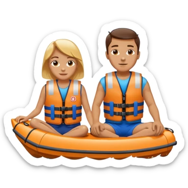 a boat upside down, with 2 people sitting on top trying to stay afloat. sticker