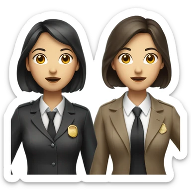 Two women detectives, one with brown hair and one with black hair. One Asian one white sticker