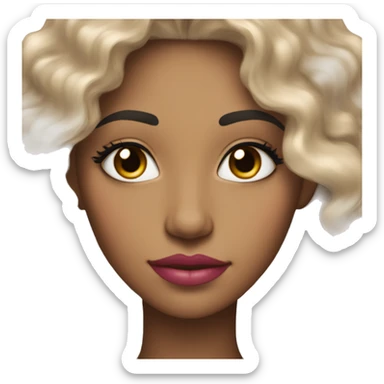 a woman with super light brown skin with long curly black hair with long eyelashes and pink lips sticker