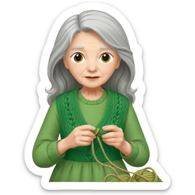 elderly women  working knitting in long hair green dress sticker