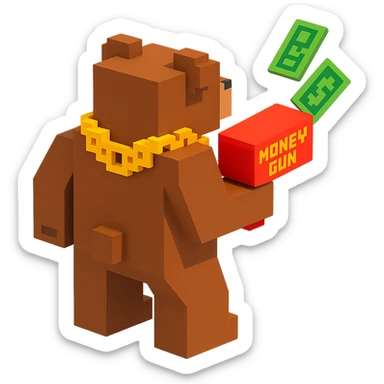 A grizzly bear with a chain and a money gun, voxel style, facing backward sticker