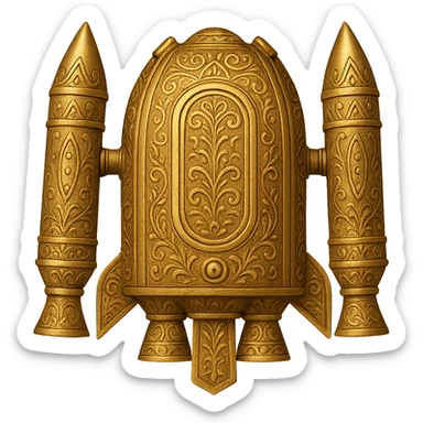 Create a gold ancient wide jetpack with rocket projectiles on both sides, back view, no fire, with engraved patterns in the style of apple emojis. Make it a variant with different engraved details and slightly different rocket shapes. No background. sticker