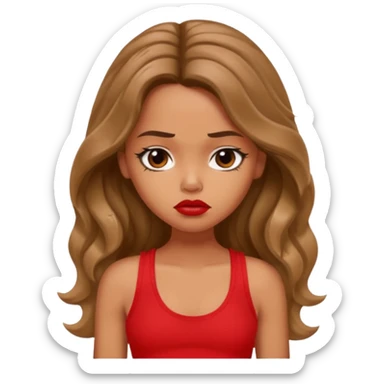 generate a pretty tan bratz girl with brown wavy hair long wearing a red tank top, red lipstick. Looking sad sticker