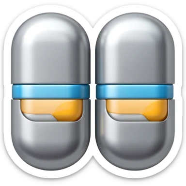 capsule pill emoji, metallic silver halves, smooth glossy finish, futuristic pharmaceutical 3D icon, isolated on white sticker