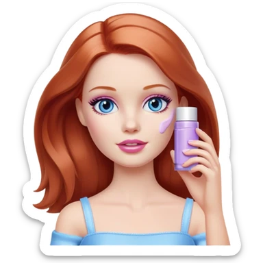 Barbie girl Chestnut-red Shoulder-length hair and blue eyes is In pale purple smears by hand cosmetic cream on her face sticker