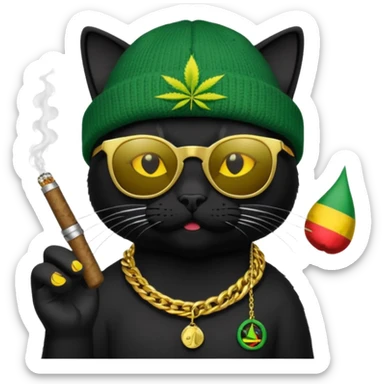 A black cat wearing the deal with it shades and a rasta beanie and smoking a joint and wearing a gold chain that says 420 sticker