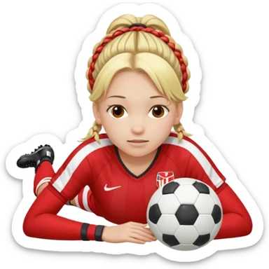 Chica de pelo rubio tirada en el suelo boca abajo agarrando un balón con las manos vestida con una equipación de color rojo y blanco con líneas y con unas botas de tacos de fútbol, con un bucal en la boca y el pelo con trenzas sticker