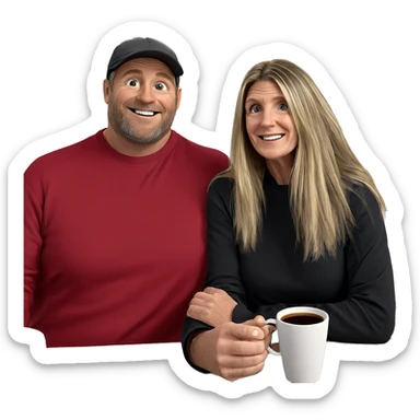 smiling couple with coffee mugs sticker