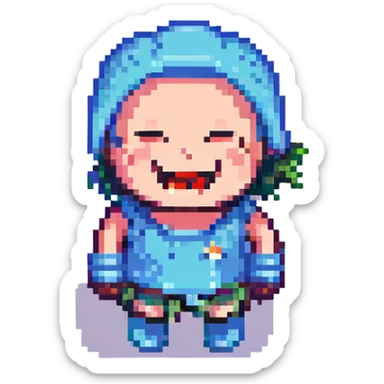 a character who is broken but laughing, pixel art style sticker