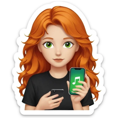 Girl with dark long orange wavy hair, green eyes, and black t-shirt and phone with tiktok app on hand sticker
