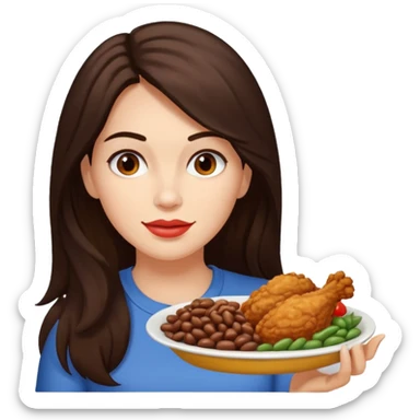 Mujer de pelo cafe oscuro y largo, y tez blanca comiendo pollo frito con frijoles sticker