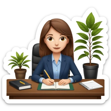 imagen de una mujer castaña en una oficina con escritorio, silla, notebook, agenda y una planta con un cartel que diga en español FUERA DE OFICINA sticker