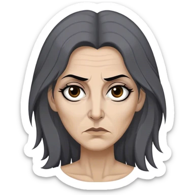 Mirri Maz Duur is a weathered, age 45  woman with deep-set dark eyes, high cheekbones, and a sharp nose, giving her a stern, knowing expression. Her long, unkempt dark hair streaked with gray falls loosely over her shoulders sticker