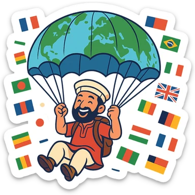 A joyful tourist in traditional clothing parachuting with a world map, various national flags in the background, modern style, vivid colors. sticker