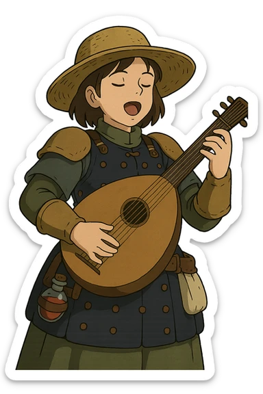A female bard wearing brigandine armor with a sturdy straw hat, playing a fat lute and singing, night time shadows  , tool belt with red potion and bandages  sticker