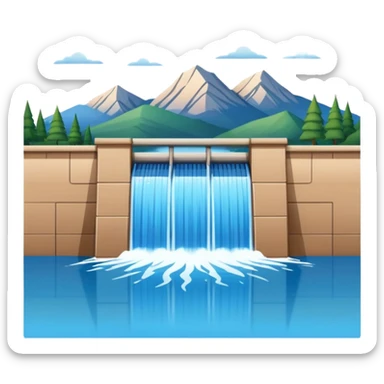Emoji-style illustration of dam in front of mountain lake, flat vector look, bold outlines, minimal details, no background. sticker