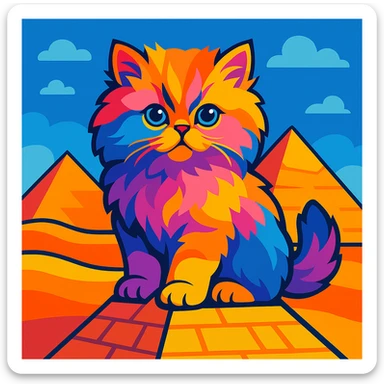 a colorful illustration of a Persian kitten sitting on an Egyptian pyramid sticker