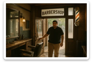 Shu odamni sartaroshxonaga kirib kelayapti  o'smirin davri rakurs ichkaridan sartaroshxona eski ham yangi ham emas bolani juda semiz qilib yuborma  u huddi sartaroshxonani  hammadan oldin kelib ochsin sticker